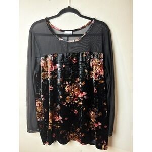 Women's Large Black Velvet Burnout Floral Mesh Long Sleeve Dark‎ Romantic Grunge